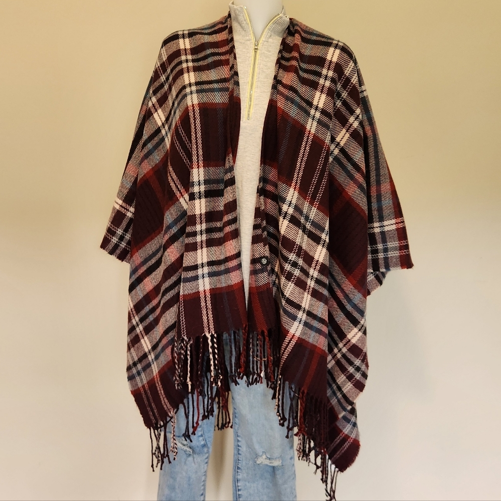 Soft Plaid Blanket Poncho Wrap